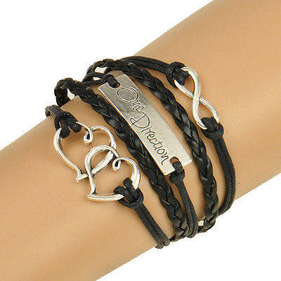 One Direction Leather Double Heart Infinity Bracelet - Black