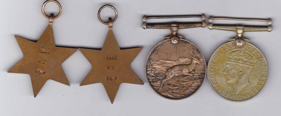 WWII GROUP OF 4 3243 R.L. PONT AFRICA SERVICE MEDAL, 39-45 WAR MEDAL, 39-45 STAR, AFRICA STAR