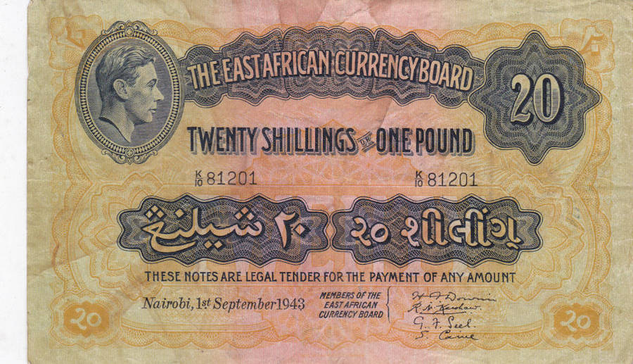 EAST AFRICA CURRENCY BOARD TWENTY SHILLINGS OR 1 POUND 1ST SEPTEMBER 1943 K10 81201