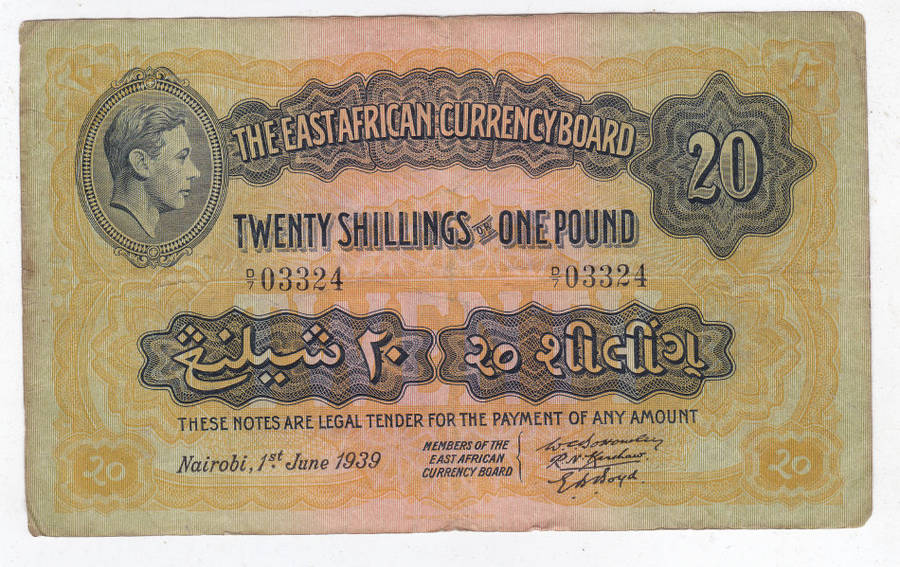EAST AFRICA CURRENCY BOARD TWENTY SHILLINGS OR 1 POUND 1ST JUNE 1939 D703324