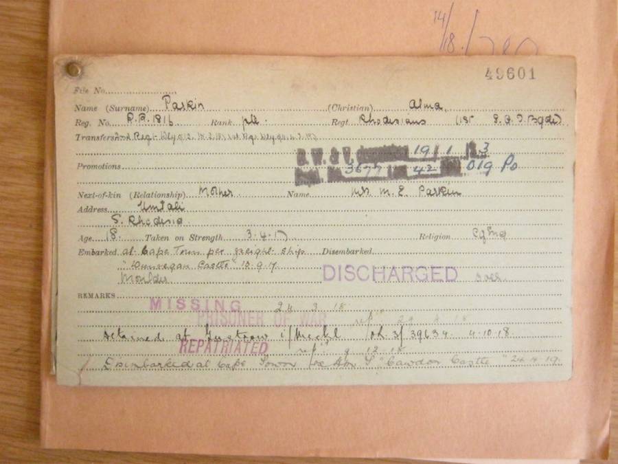 RARE WWI PAIR PTE A. PARKIN. RHODESIAN 1ST S.A.I BRIGADE P.O.W WITH DOCS