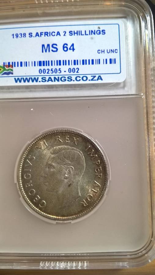 SOUTH AFRICA 2 SHILLINGS 1938 MS 64 SANGS..HERNS EXTRA FINE = R10 000 UNC=R20 000