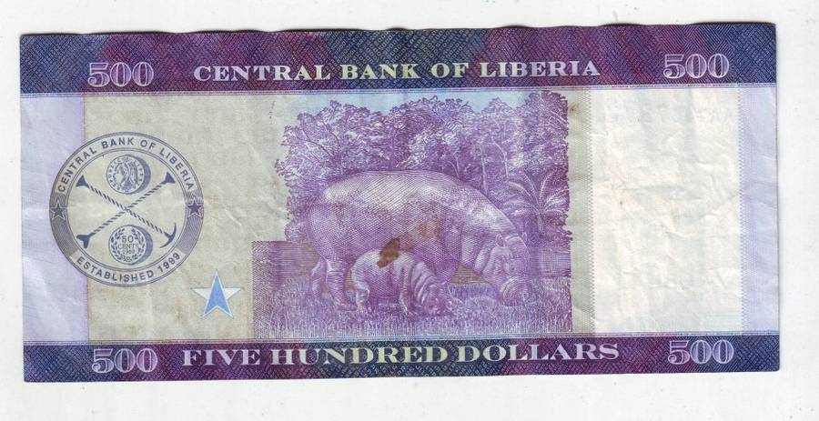 LIBERIA 500 DOLLARS 2017 FV=R41 HIPPO