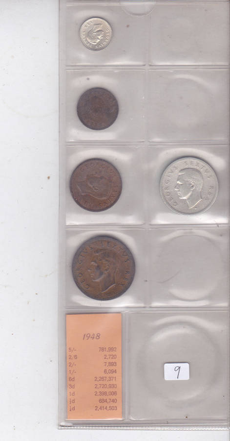 SOUTH AFRICA SET 1948 1/4 D TO 3D & 2 SHILLINGS - 5 COINS