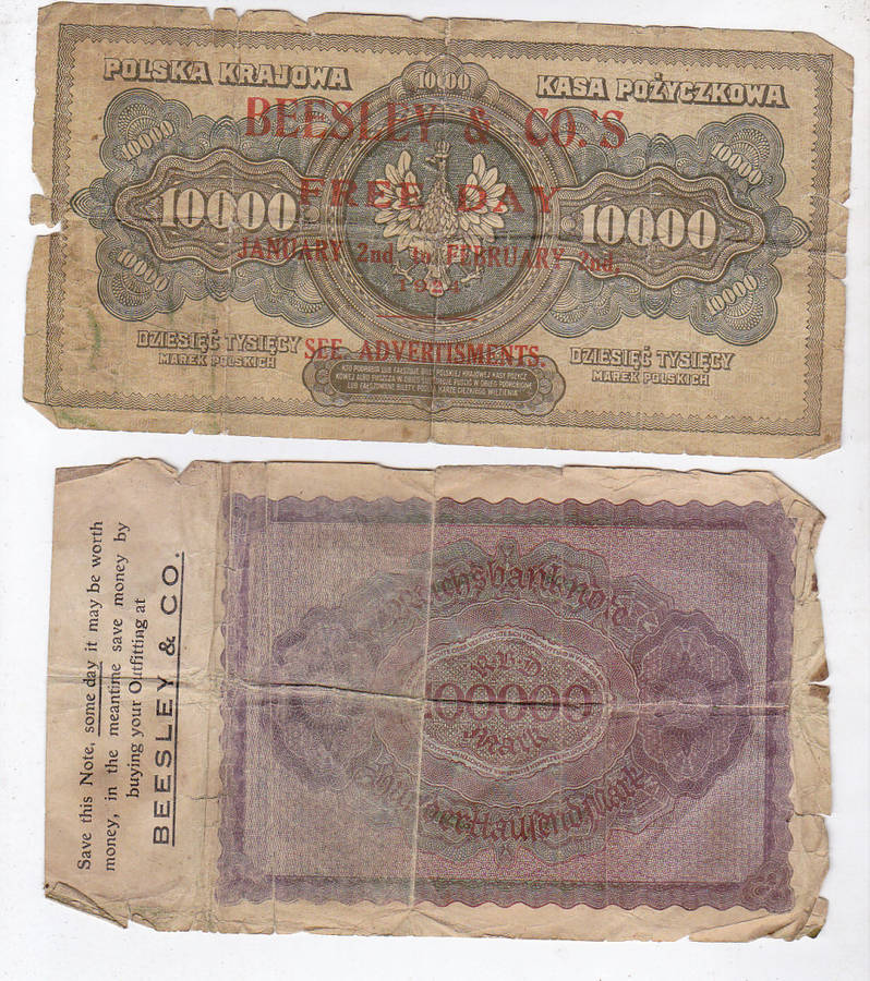 BEESLEY & CO 1924 ADVERTISING ON REAL BANKNOTES x2(MAY BE A SOUTH AFRICAN COMPANY)