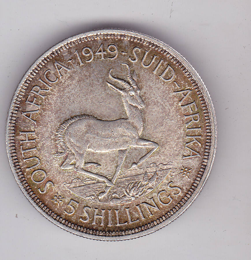 SOUTH AFRICA FIVE SHILLINGS 1949 HIGH GRADE .800 SILVER