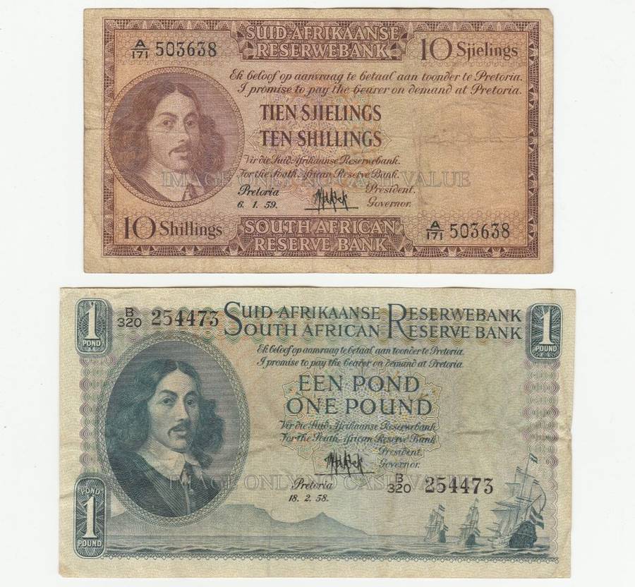 SOUTH AFRICA MH DE KOCK SET 10 SHILLINGS, 1 POUND, 5 POUND 10 POUNDS - 1953-59 3rd ISSUE