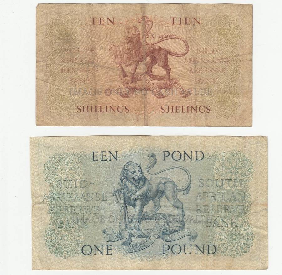 SOUTH AFRICA MH DE KOCK SET 10 SHILLINGS, 1 POUND, 5 POUND 10 POUNDS - 1953-59 3rd ISSUE