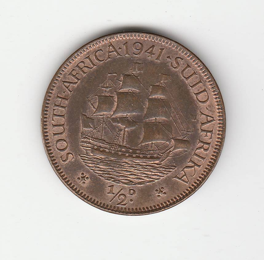 SOUTH AFRICA HALF PENNY 1941 UNC TRACES OF RED LUSTER