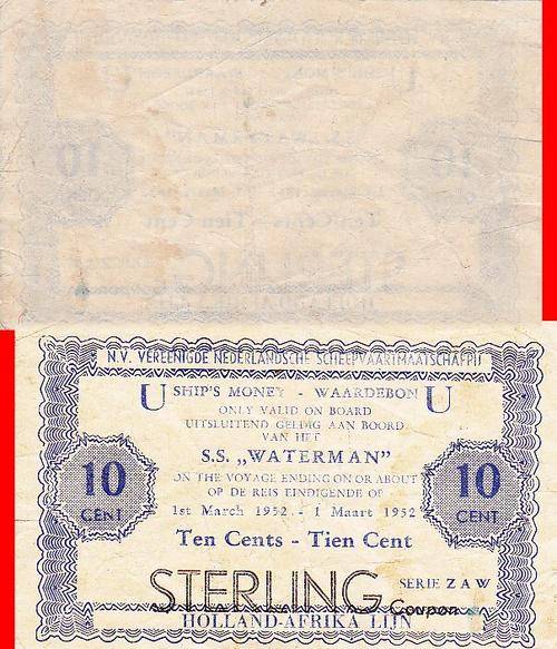 HOLLAND-AFRIKA LINE - SHIPS MONEY 1952 10 CENT