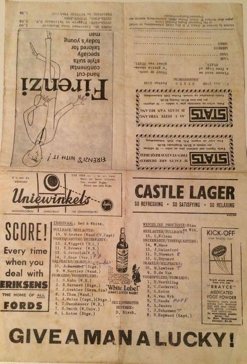 Transvaal vs WP 04/06/1964 Programme!!