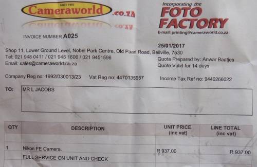 Nikon 1978 FE camera with 50 mm lens. Package-Vivitar 200 mm + 28 mm lenses and doubler in case.