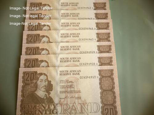R20.00 notes twenty rand notes Stals CE 8394957 D to CE 8394963