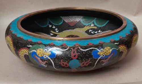 Vintage Chinese cloisonné low bowl in outstanding condition