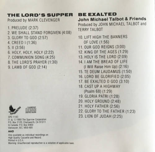 John Michael Talbot - The Lord`s Supper / Be Exalted CD Import