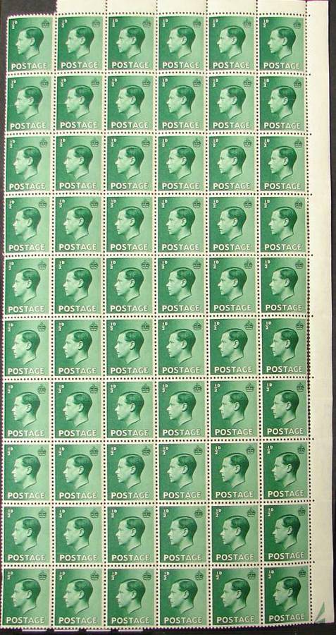 King Edward VIII Rare 60 stamp sheet 1/2d green - superb MINT - only stamp issued for this reign