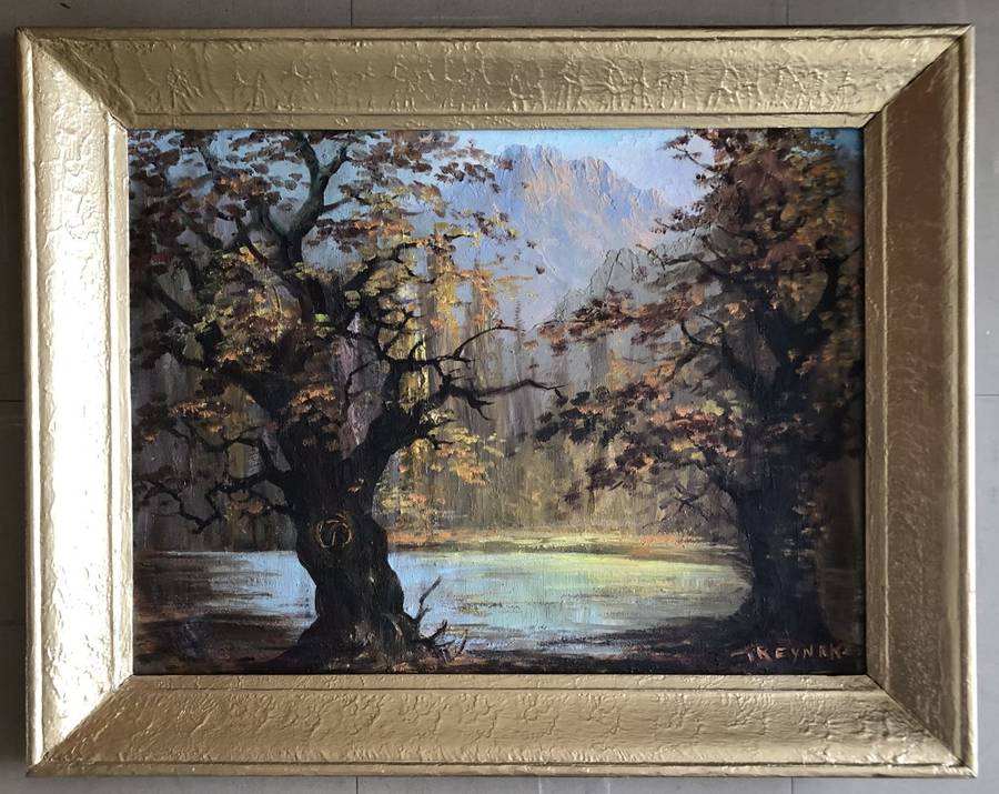 ORIGINAL T REYNEKE - AUTUMN MOUNTAIN LANDSCAPE OIL ON CANVAS PAINTING ATTACHED TO BOARD