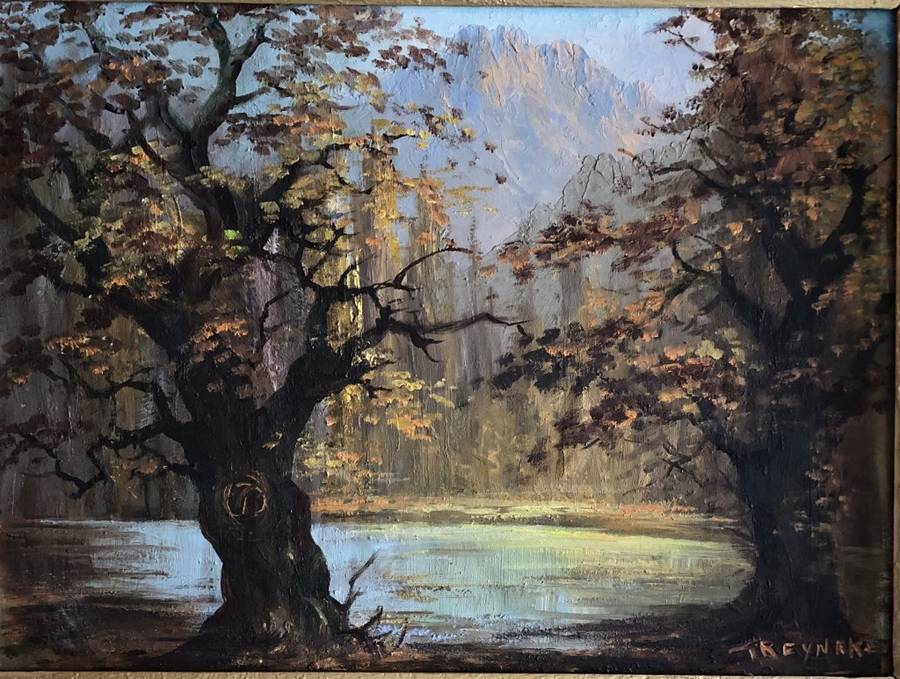 ORIGINAL T REYNEKE - AUTUMN MOUNTAIN LANDSCAPE OIL ON CANVAS PAINTING ATTACHED TO BOARD