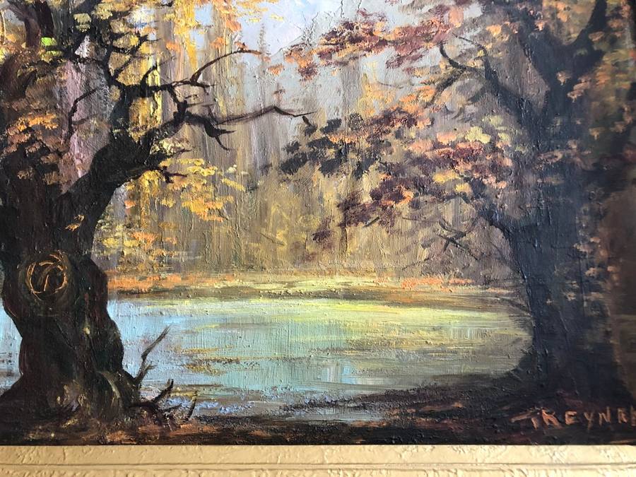 ORIGINAL T REYNEKE - AUTUMN MOUNTAIN LANDSCAPE OIL ON CANVAS PAINTING ATTACHED TO BOARD
