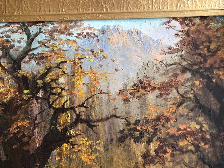 ORIGINAL T REYNEKE - AUTUMN MOUNTAIN LANDSCAPE OIL ON CANVAS PAINTING ATTACHED TO BOARD
