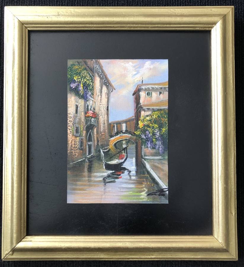 ORIGINAL - VENICE OIL PAINTING ON CANVAS SIGNED ATTACHED TO BOARD IN GOLD FRAME