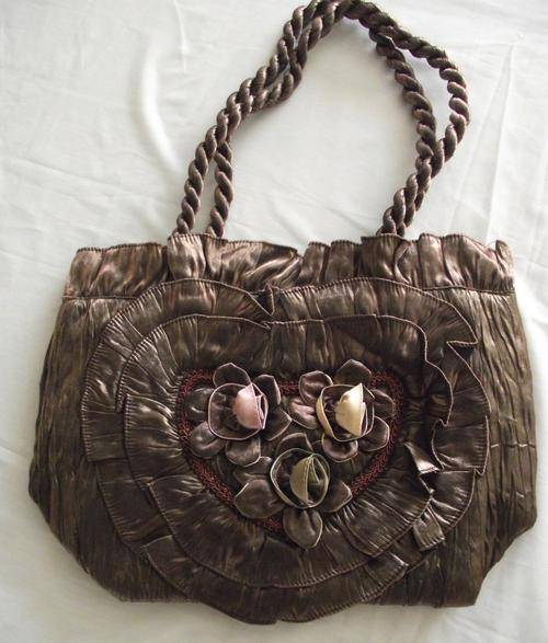 Handmade Brown Tafetta  Fowers & Frills Handbag 36cm X 26cm X 13cm