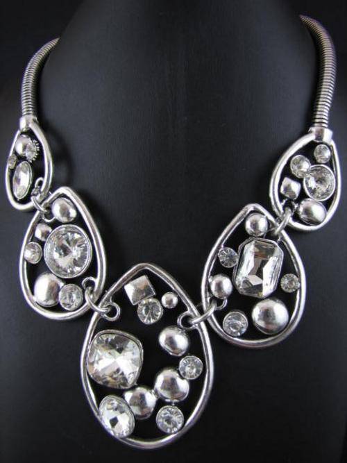 STUNNING TIBETAN SILVER OVALS WITH CRYSTALS NECKLACE