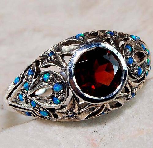 Natural Garnet Blue Opal 925 Solid Sterling Silver Victorian Style Ring Sz 6.5
