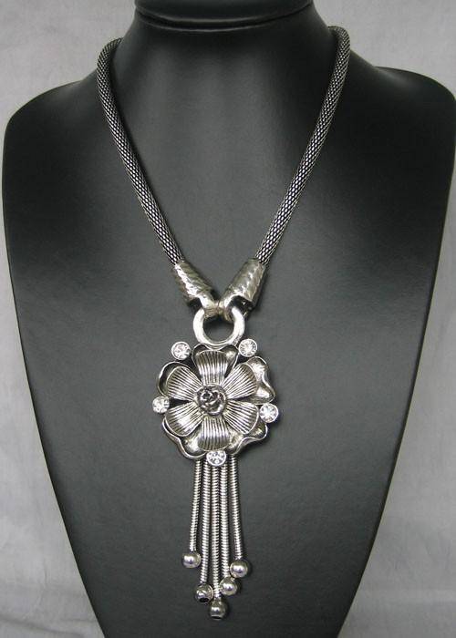 Stunning Tibetan Silver Crystals, Flower & Dangle Chains Necklace