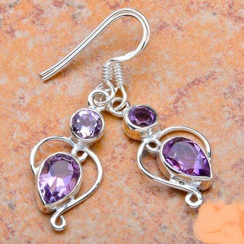 NATURAL AMETHYST SOLID .925 STERLING SILVER EARRINGS 3.5CM
