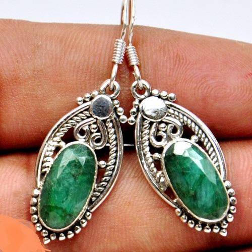 INDIAN EMERALD SOLID 925 STERLING SILVER DANGLE EARRINGS