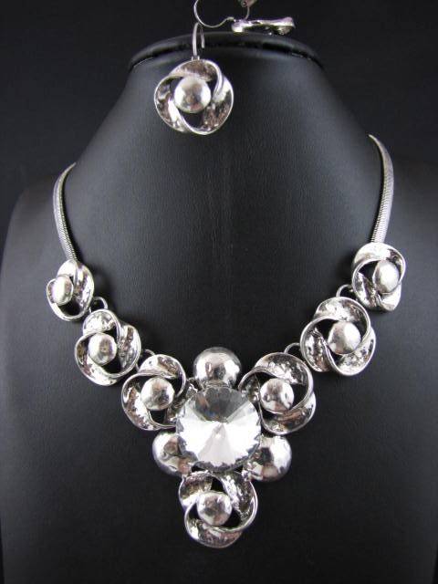 Tibet Silver Wedding Party Bridal Rhinestone Necklace Earrings Set