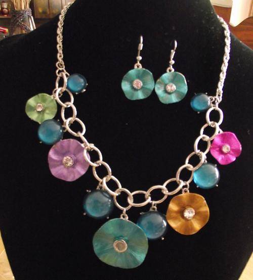 LOVELY MULTICOLOR FLOWER CHARMS NECKLACE & EARRINGS SET