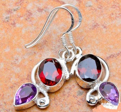 GARNET, AMETHYST SOLID .925 STERLING SILVER EARRINGS 40mm