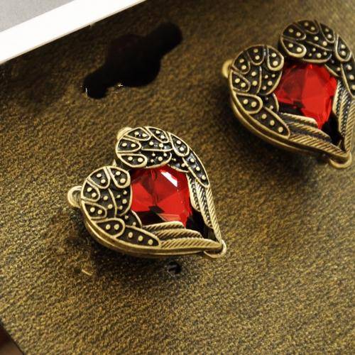 Metal Angel Wing Antique Red Heart Stud Earring