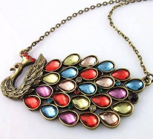 Vintage Style Colorful Rhinestone Brass Chain Peacock Necklace Pendant