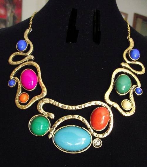 Vintage Style Colorful Acryl Beads Golden Chain Necklace & Earrings Set