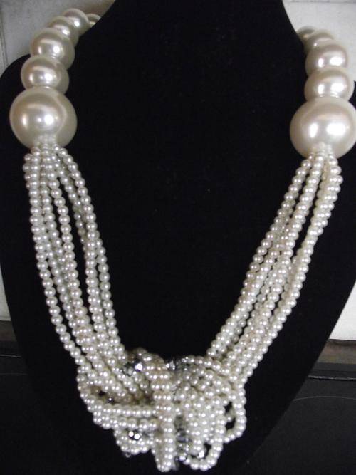 Chunky Faux Pearls and Crystals Multi String Necklace