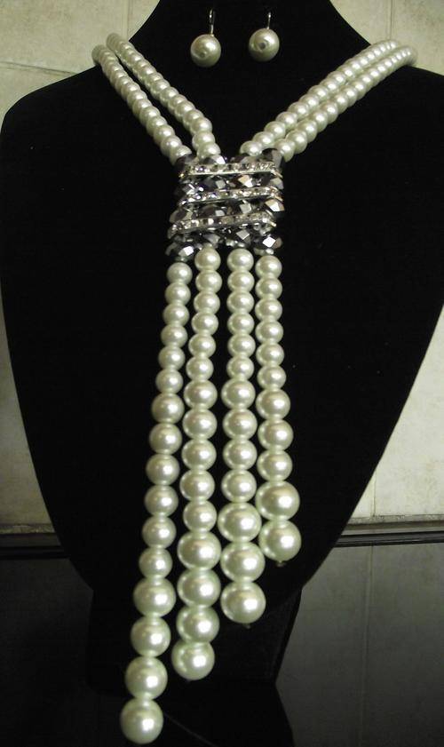 Long Faux Pearls and Crystal Pendant Necklace & Earrings set