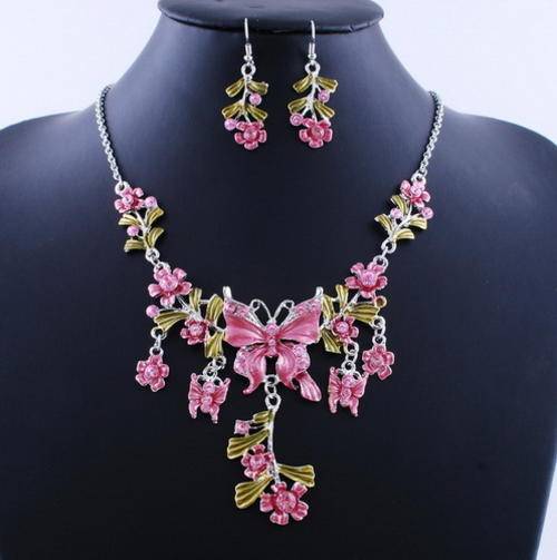 Pink Floral Butterfly Bridal Necklace and Earrings Set (