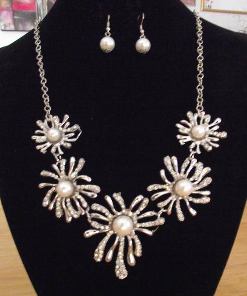 Crystals and Faux Pearls Flowers Necklace and Earrings Set
