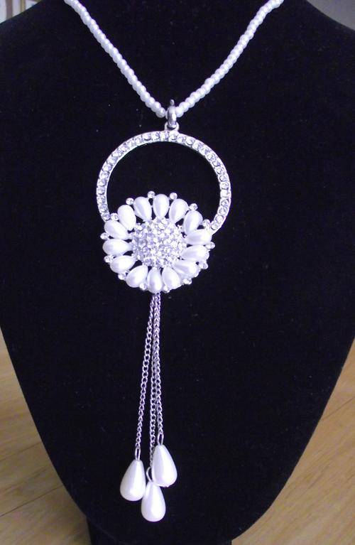 Long String Faux Pearls and Crystal Pendant Necklace