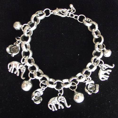Gorgeous Tibetan Silver Elephant, Roses & Bells Charm Bracelet