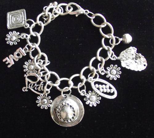 Tibetan Silver Hat, Love, Flowers Charm Bracelet