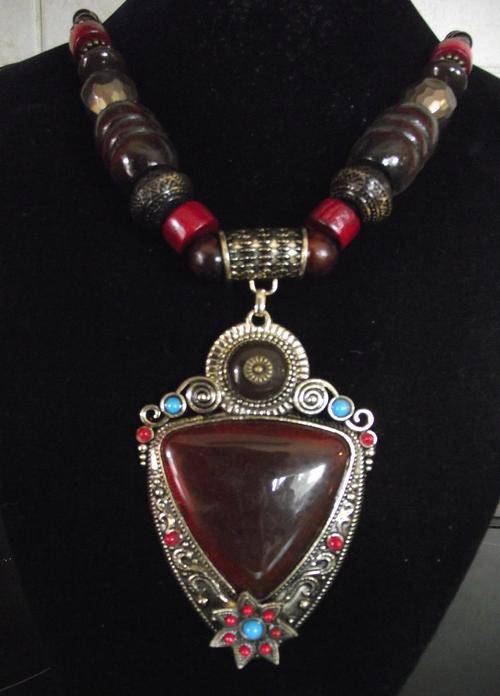 Brown Bohemian Chunky Resin Pendant, Carved Wood & Metal Necklace