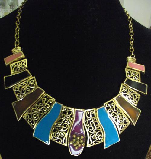 Vintage Gold Plated Multi-Color Enameled Necklace