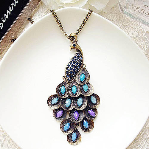 Antiqued Purple Peacock Crystal Multi Sequen Pendant Necklace