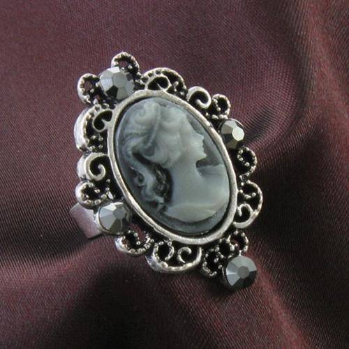 Adjustable Oval Antique look Silver Vintage Style CAMEO Gray Crystal Stone Ring