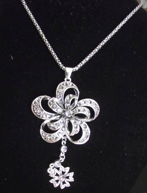 Stunning Silver Smokey Crystal Flower Pendant  Long Chain Necklace 55mm X 95mm