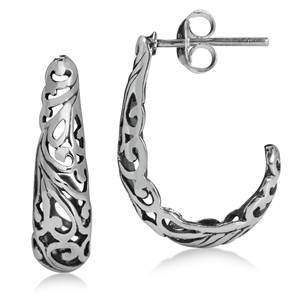 Solid 925 Sterling Silver Scroll/Filigree J-Hoop Earrings